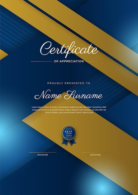 Certificate of appreciation template gold and blue color Clean modern certificate with gold badge Certificate border template with luxury and modern line pattern Diploma vector template