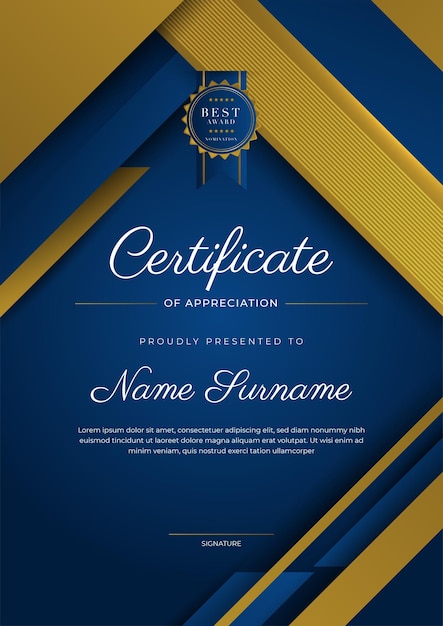 Certificate of appreciation template gold and blue color clean modern certificate with gold badge certificate border template with luxury and modern line pattern diploma vector template