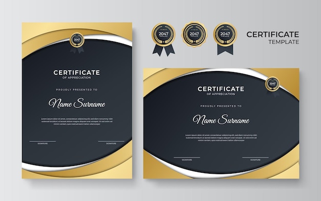 Certificate of appreciation template, gold and blue color. Clean modern certificate with gold badge. Certificate border template with luxury and modern line pattern. Diploma vector template