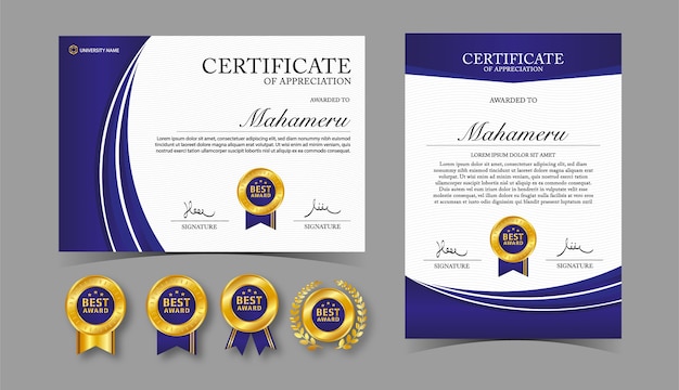 Certificate appreciation template gold and blue color