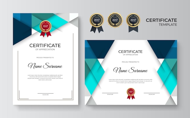 Certificate of appreciation template, gold and blue green color. clean modern certificate with gold badge. certificate border template with luxury and modern line pattern. diploma vector template