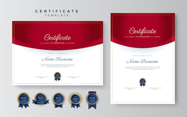 Certificate of appreciation template gold and red color Clean modern certificate with gold badge Certificate border template with luxury and modern line pattern Diploma vector template