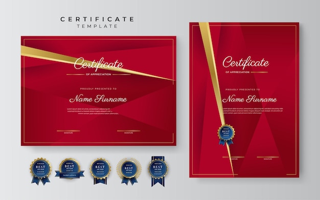 Certificate of appreciation template gold and red color Clean modern certificate with gold badge Certificate border template with luxury and modern line pattern Diploma vector template