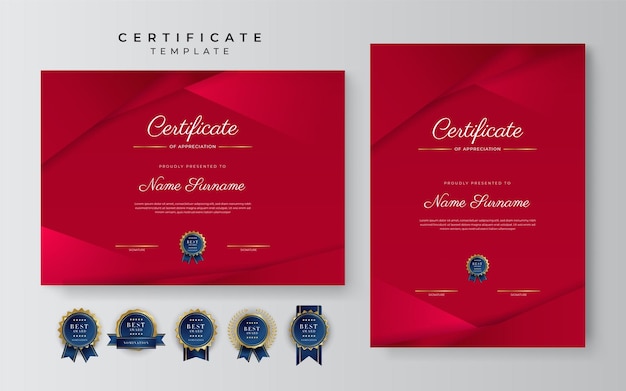 Modello di certificato di apprezzamento colore oro e rosso certificato moderno e pulito con badge dorato modello di confine del certificato con motivo a linee moderne e di lusso modello vettore diploma