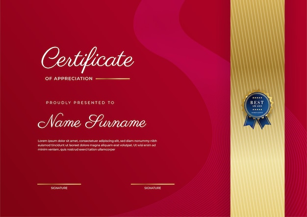 Certificate of appreciation template gold and red color Clean modern certificate with gold badge Certificate border template with luxury and modern line pattern Diploma vector template