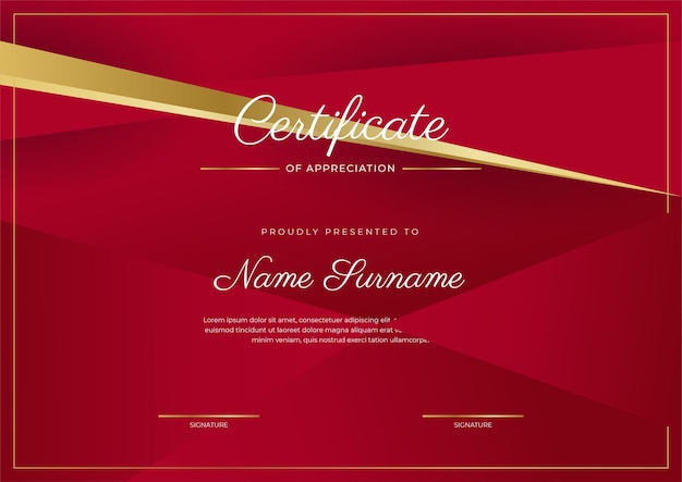 Modello di certificato di apprezzamento colore oro e rosso certificato moderno e pulito con badge dorato modello di confine del certificato con motivo a linee moderne e di lusso modello vettore diploma