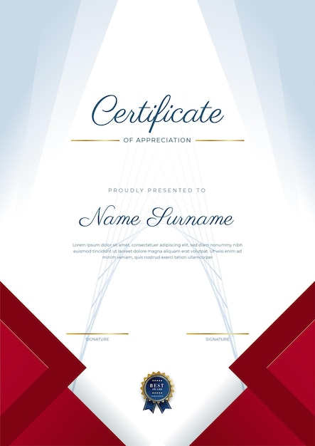 Certificate of appreciation template gold and red color clean modern certificate with gold badge certificate border template with luxury and modern line pattern diploma vector template
