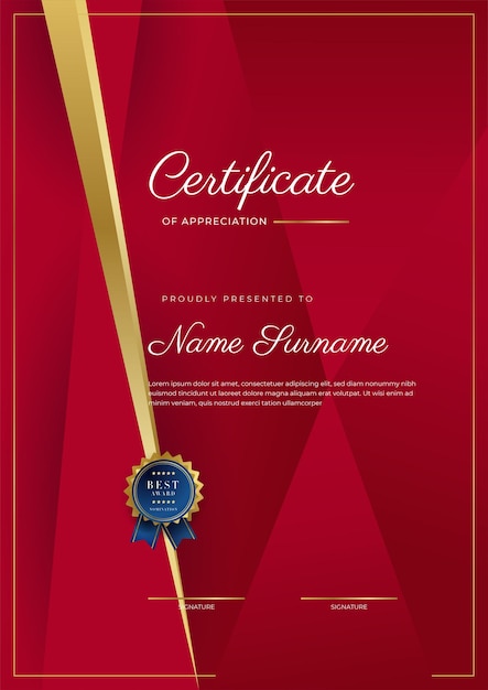 Modello di certificato di apprezzamento colore oro e rosso certificato moderno e pulito con badge dorato modello di confine del certificato con motivo a linee moderne e di lusso modello vettore diploma