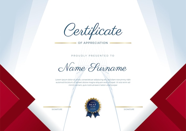 Certificate of appreciation template gold and red color Clean modern certificate with gold badge Certificate border template with luxury and modern line pattern Diploma vector template