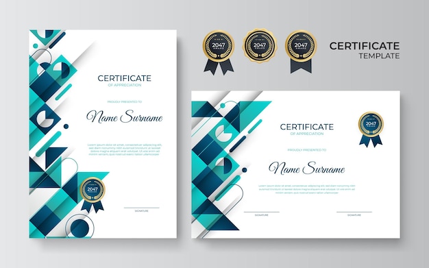 Certificato di modello di apprezzamento, colore verde e blu. certificato moderno pulito con distintivo d'oro. modello di bordo del certificato con motivo di linea di lusso e moderno. modello di vettore del diploma