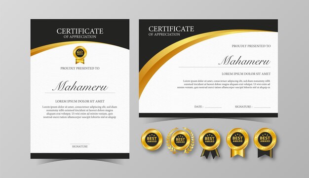 Certificate appreciation template vertical and horizontal and badges set