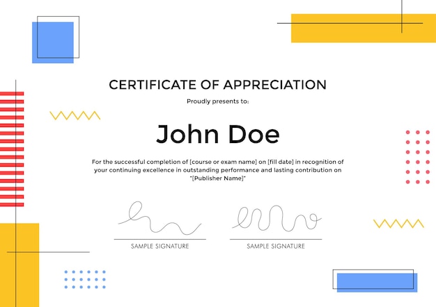 Certificate of Appreciation template with abstract geometric memphis style design