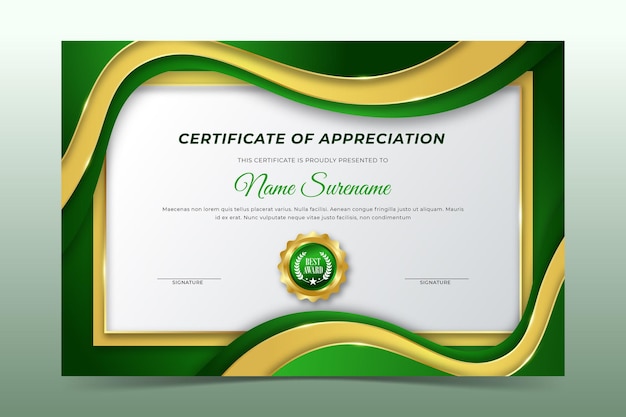 Modello di certificato di apprezzamento con design dorato verde