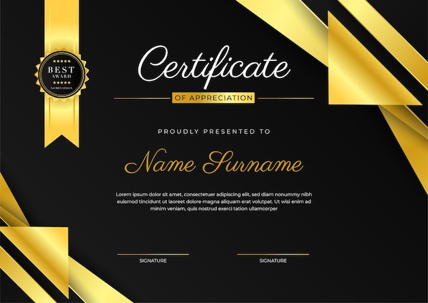 Certificate black template with modern luxury pattern and golden lines Vector illustration and vector Luxury premium badges design Set of retro vintage badges and labels