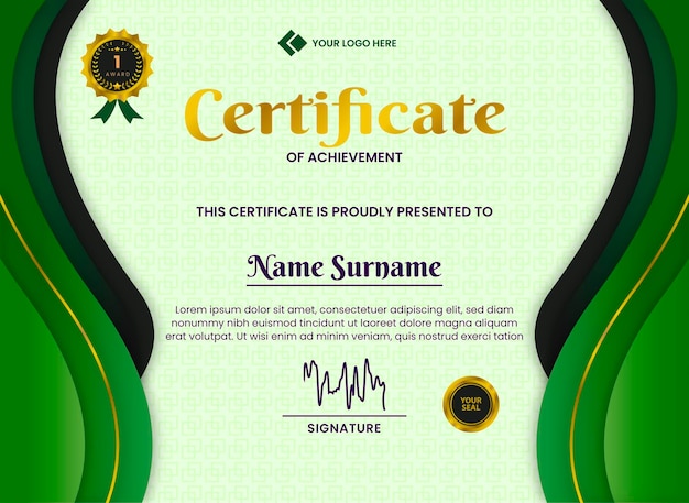 Certificate Design with Modern Green Color and Leaf Pattern Background Template