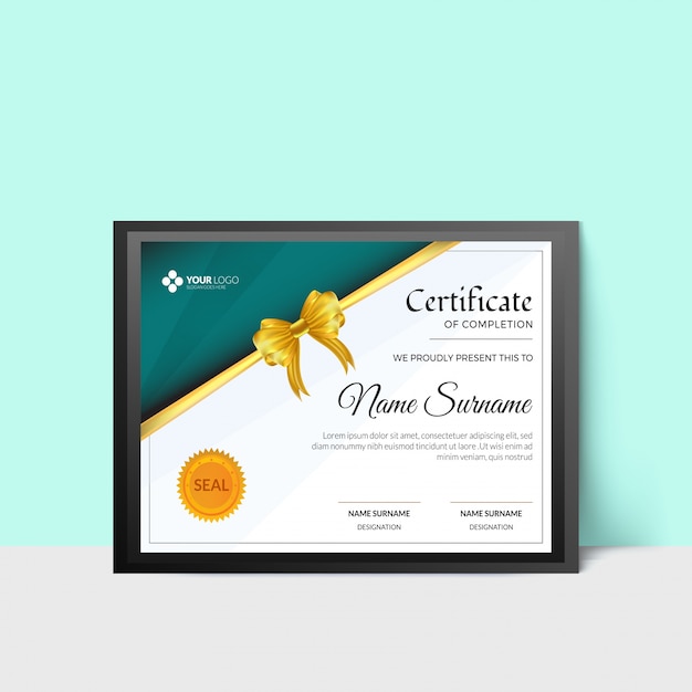 Vector certificate or diploma of completion with green abstract space, yellow ribbon, and institute or organization seal.