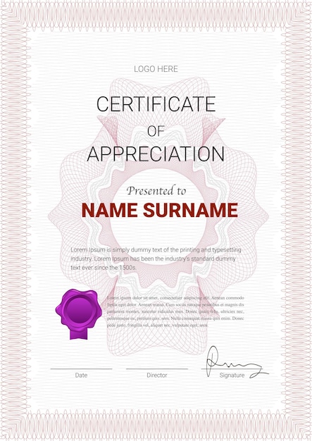 Vector certificate or diploma template with guilloche style