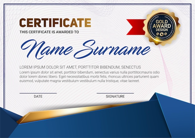 Certificate or diploma template with luxury line pattern and gold award emblem