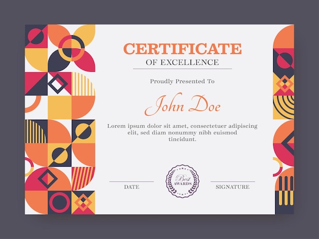 Certificate Of Excellence Template Design With Colorful Abstract Geometric Pattern.