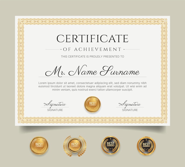 Vector certificate frame template with golden line art and badges