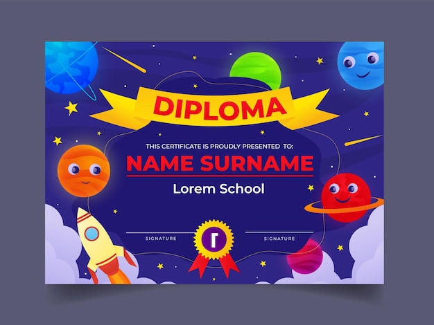 Certificate of kindergarten planet galaxy template