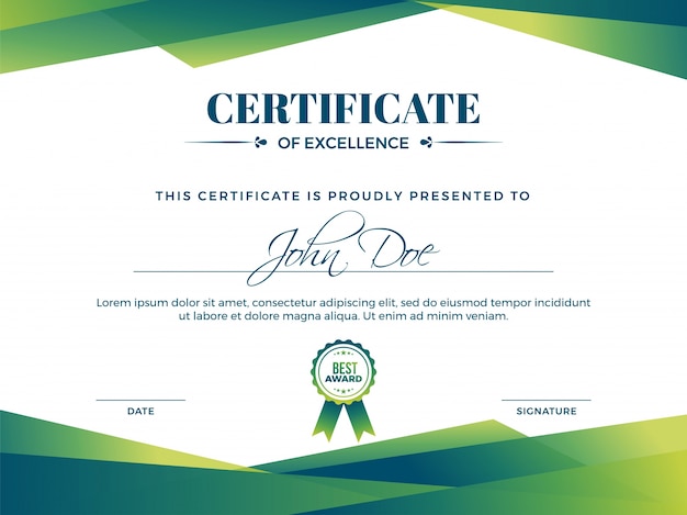 Вектор Сертификат о награждении шаблон с зелеными фигурами и значком.