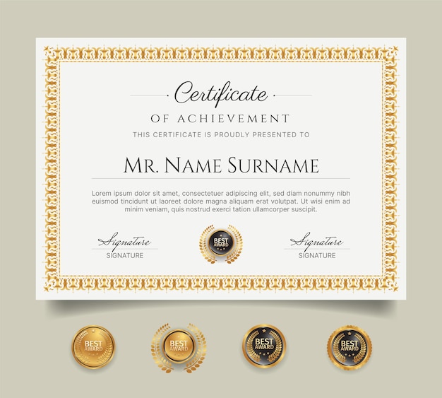 Сертификат признательности границы шаблона с золотой линией и значками