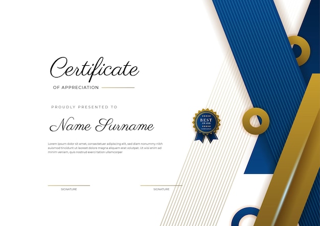 Шаблон сертификата благодарности золотого и синего цвета чистый современный сертификат с золотым значком шаблон границы сертификата с роскошным и современным рисунком линии векторный шаблон диплома
