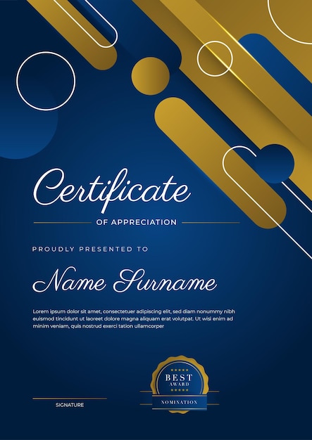 Шаблон сертификата благодарности золотого и синего цвета чистый современный сертификат с золотым значком шаблон границы сертификата с роскошным и современным рисунком линии векторный шаблон диплома