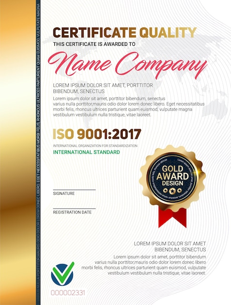 Certificate quality or diploma template with luxury line pattern and gold award emblem iso 9001