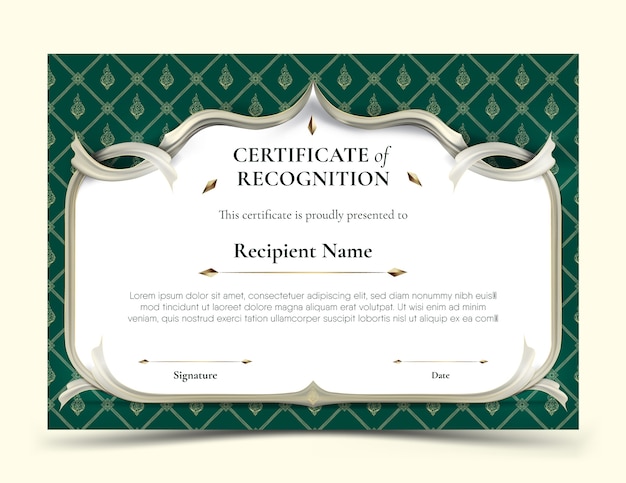 Certificate of recognition template abstract white frame plus white smooth rip curl edges on green tradition thai pattern