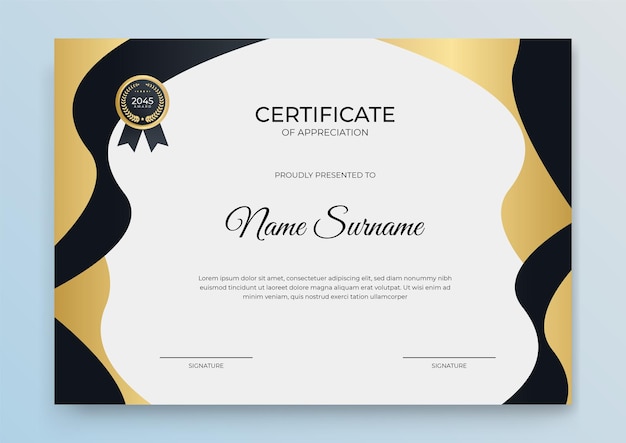 Certificate template banner with abstract geometric shape for print template with golden wave and white clean modern