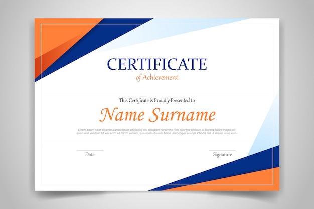 Certificate template banner with polygonal geometric shape on orange and blue 