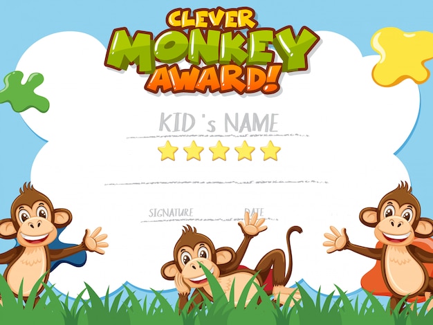 Certificate template for clever monkey award with monkeys