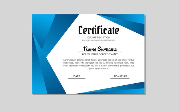 Certificate template design in blue abstract style for education and business appreciation