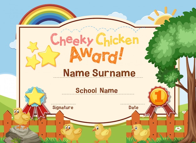 Certificate template design for cheeky chicken award with little chicks