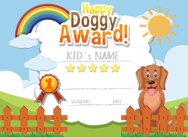 Certificate template design for happy doggy award with cute dog in the park