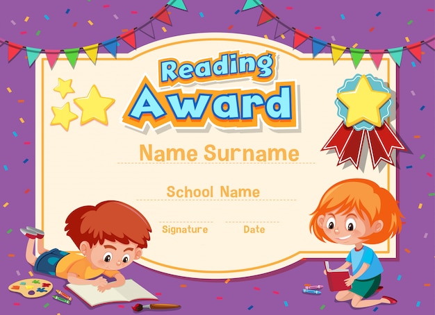 Certificate template design for reading award with two kids reading