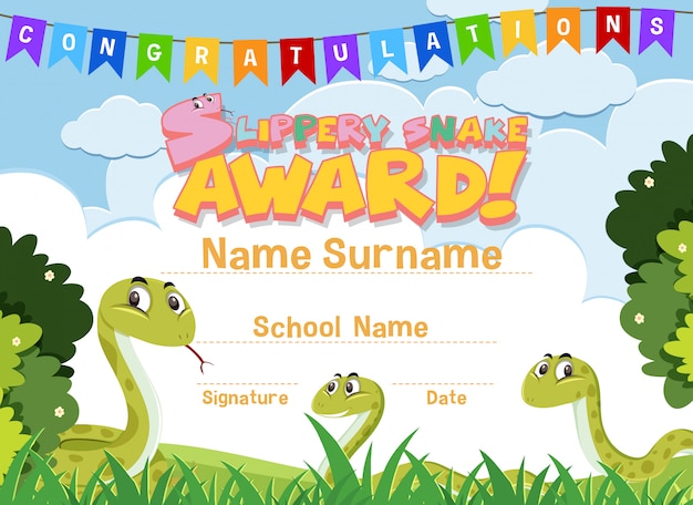 Certificate template design for slippery snake award with snakes in background