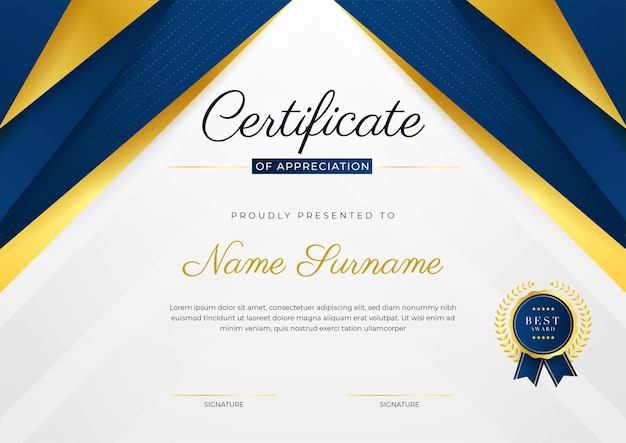 certificate template design with blue modern elegant certificate of award achievement template with gold badge and border