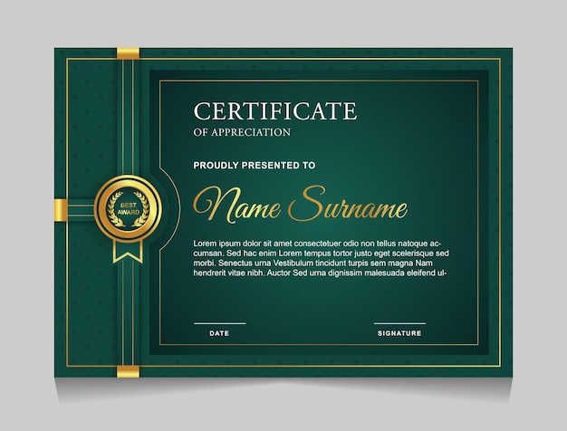 certificate template design with green color and luxury golden element