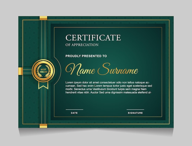 Certificate template design with green color and luxury golden element