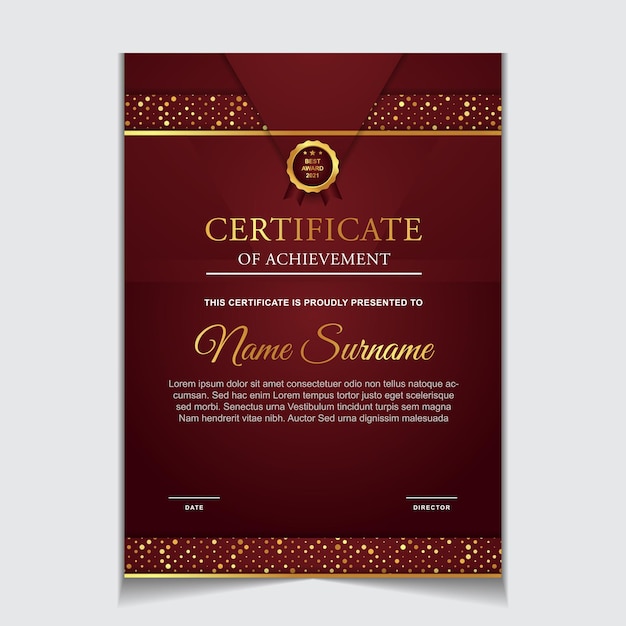 Certificate template design with luxury gold and red color modern shapes