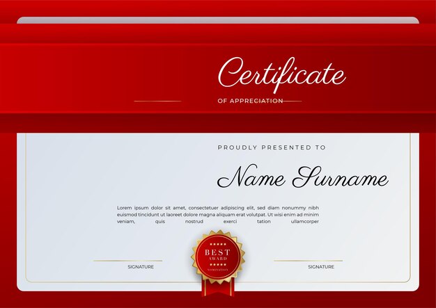 Certificate template design with red modern elegant certificate of award achievement template with gold badge and border