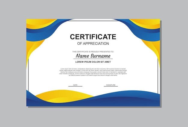 Certificate template design in yellow and blue colors