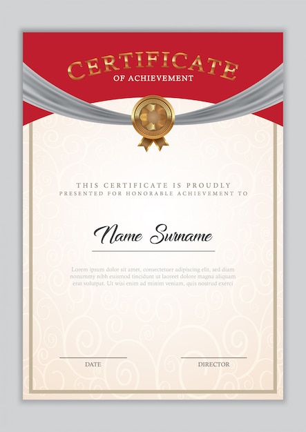 Diploma di modello di certificato con bordo ornamento, timbro e testo di esempio.