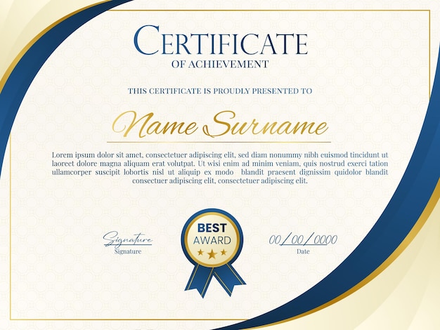 Шаблон сертификата в элегантных черно-синих тонах с золотой медалью Сертификат благодарности