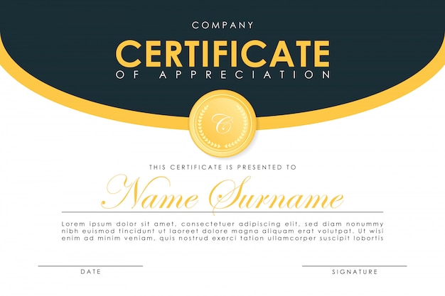 Certificate template in elegant dark blue colors with golden medal.