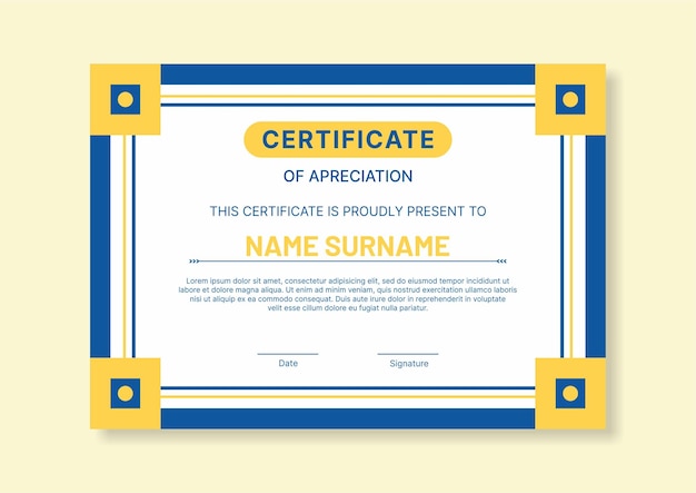 Certificate template flat design modern and clean style blue yellow