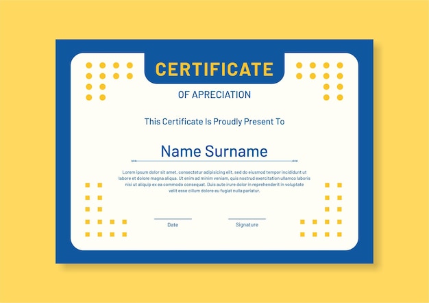 Certificate template flat design modern and clean style blue yellow